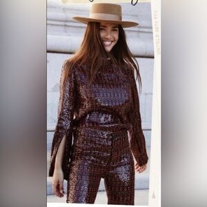 ZARA High Collar Long sleeve Sequin Geometric Top Red Orange Black XS